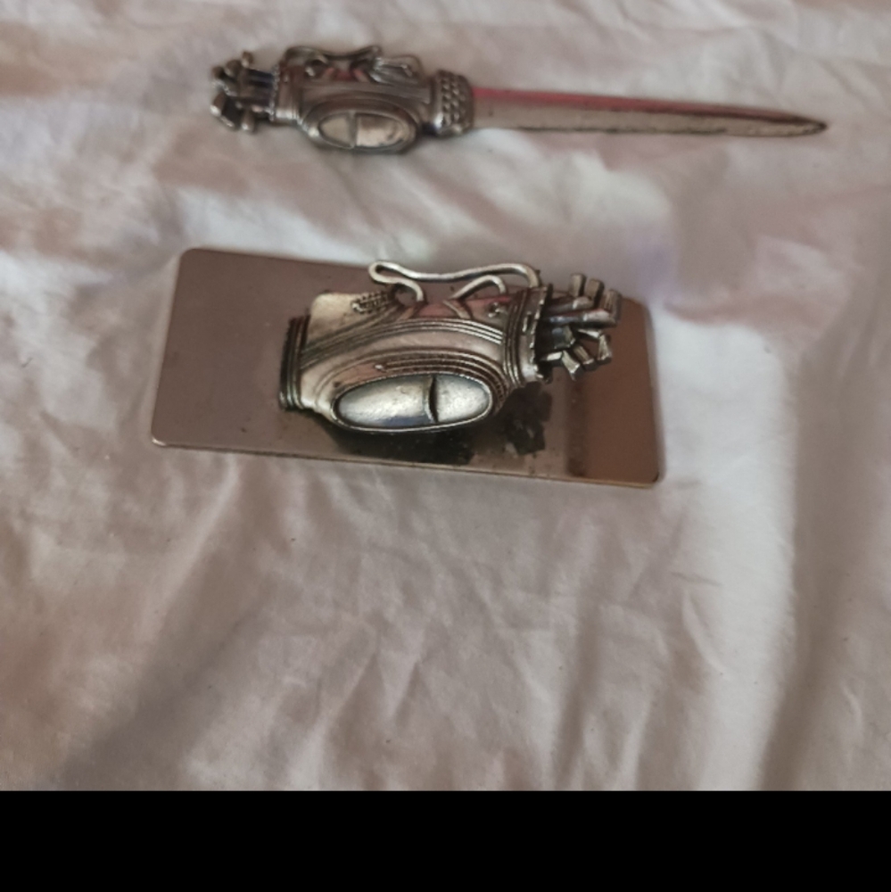 Vintage Metal Silver Golf Bag Theme Letter Clip And Mail  Opener Set